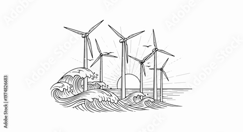 Offshore wind turbines generate power amid crashing waves and a rising sun