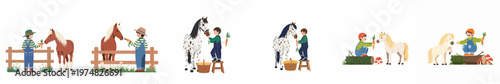 Set of cute illustrations featuring a young boy in overalls feeding carrots to different ponies in various farm and outdoor scenes.