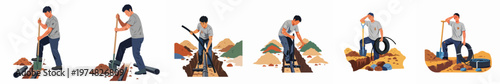 Sequential illustrations of a manual laborer digging a trench, installing pipes, and finishing heavy utility work on a construction site, depicting physical labor.