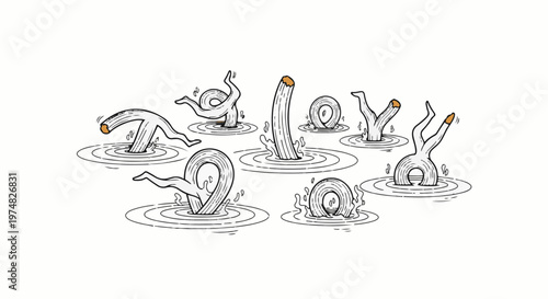 Abstract figures dive into water, creating ripples and splashes