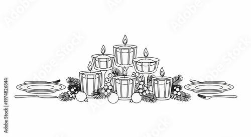 Festive table setting with lit candles, pine sprigs, berries, and ornaments