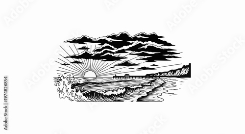 Dramatic sunrise over ocean waves with clouds and a distant pier