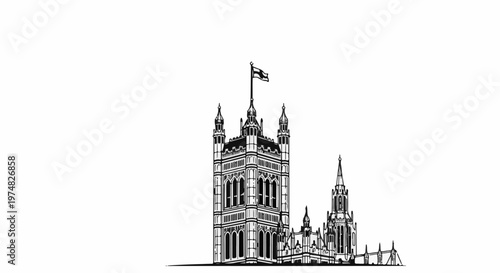 Ornate Gothic architecture with a prominent clock tower and flag