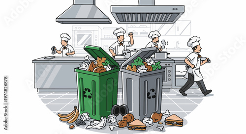 Chefs in a kitchen, surrounded by overflowing trash bins and scattered food waste