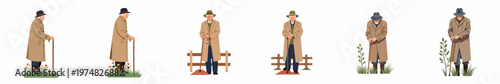 Set of flat illustrations featuring an elderly man in a long coat and hat standing with a walking stick in various outdoor poses.