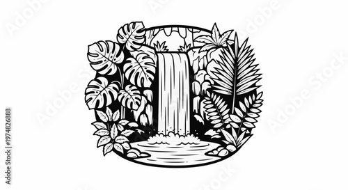 Lush jungle foliage surrounds a cascading waterfall into a calm pool