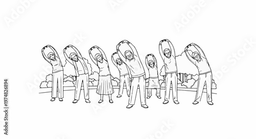 Diverse group of people stretching together outdoors during daytime