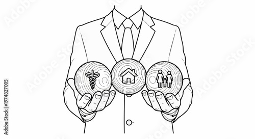 Person in suit holding three circular objects with icons of medical, house, and family