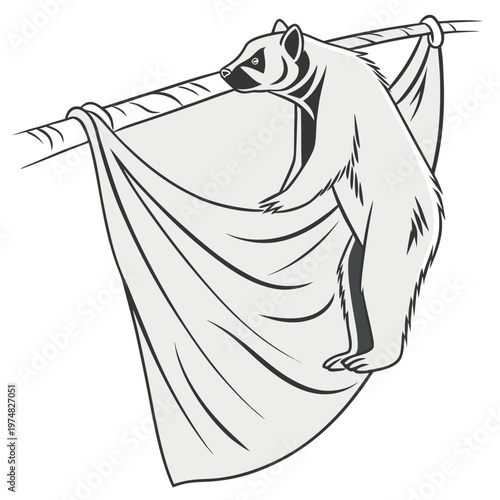 A detailed black and white illustration depicts a sloth hanging upside down from a thick curved branch showcasing its unique adaptation