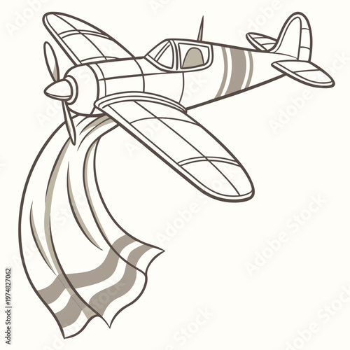 A vintage stylized illustration depicts a world war two era propeller plane in flight leaving a striped contrail behind it high quality