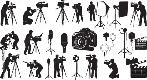 Film and Photography Equipment Silhouettes on White Background Illustration