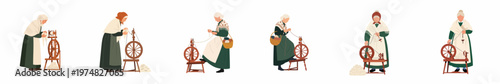 Flat vector set of elderly women in traditional clothing spinning wool using various historical spinning wheels, isolated on a white background.