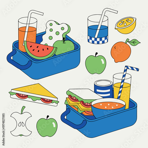 a colorful lunch box with sandwiches, fruits, juice, and drinks, clean outline style, minimal design