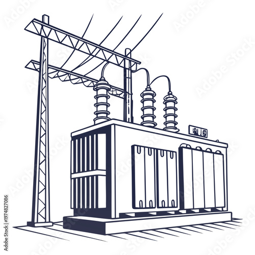 A detailed illustration depicts a high voltage electrical substation with transformers insulators and supporting structures outlined in blue high quality professional modern