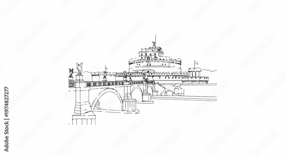 Fototapeta premium Ancient fortress and bridge, a historic monument with sculptures and flags