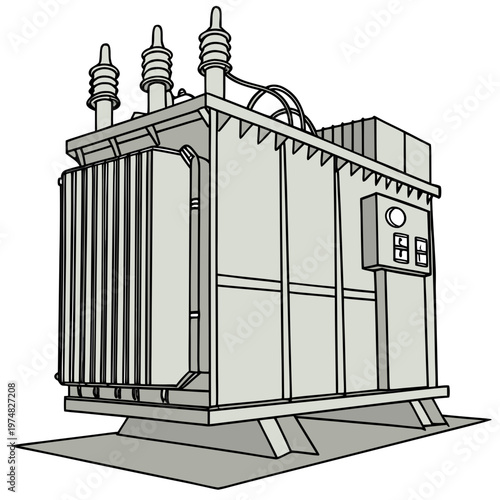 A detailed illustration depicts a large gray electrical transformer with prominent cooling fins and high voltage bushings high quality professional modern elegant