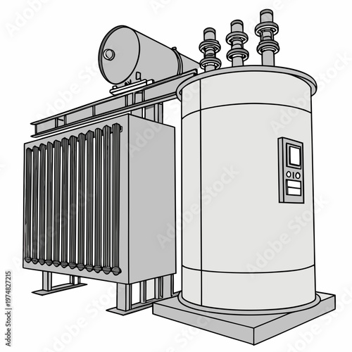 A detailed illustration depicts a large electrical transformer with cooling fins a cylindrical tank and associated high voltage components high quality professional