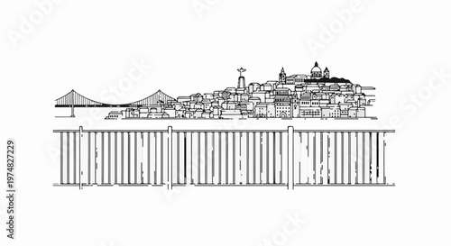 Sketch of a city skyline with a bridge and a railing in the foreground