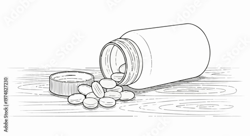 Spilled pills from an open bottle onto a wooden surface