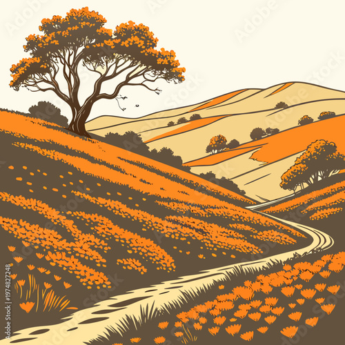 Fotografie A stylized landscape depicts a winding road through rolling hills covered in vib