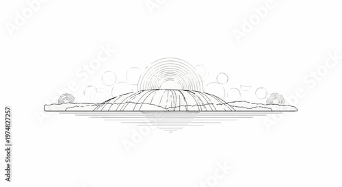 Stylized geological formation with radiating lines and circles on horizon