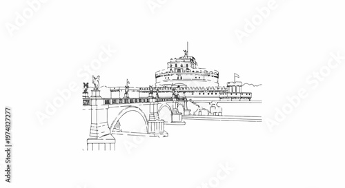 Ancient fortress and bridge, a historic monument with sculptures and flags