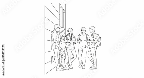 Group of five young people standing together, chatting and holding devices