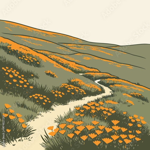A serene landscape depicts a winding path traversing a vibrant hillside brimming with orange california poppies and lush greenery high quality professional