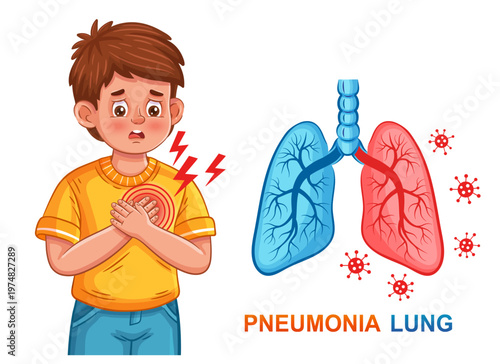 Lung pneumonia, pulmonary respiratory system disease. Boy child feel chest pain. Breathing organ health. Bronchitis inflammation, cough, asthma medical treatment. Coronavirus virus infection. Vector 