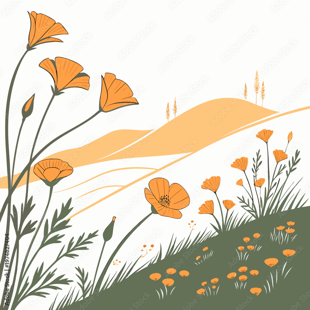 Ταπετσαρία A minimalist illustration depicts vibrant orange california poppies and lush gre