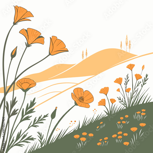 Εκτύπωση καμβά A minimalist illustration depicts vibrant orange california poppies and lush gre