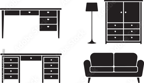 Modern black furniture set including desk, cabinet, sofa, and lamp