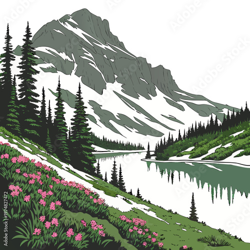 A serene landscape depicts a majestic mountain range reflected in a calm lake surrounded by vibrant wildflowers and evergreen trees high quality