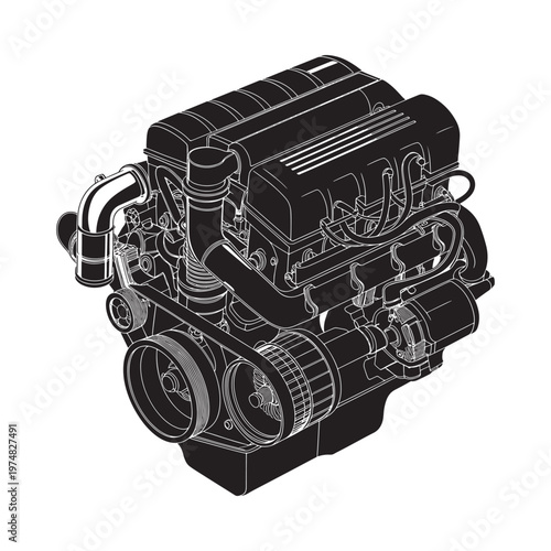 Detailed isometric illustration of a powerful v8 engine in black and white