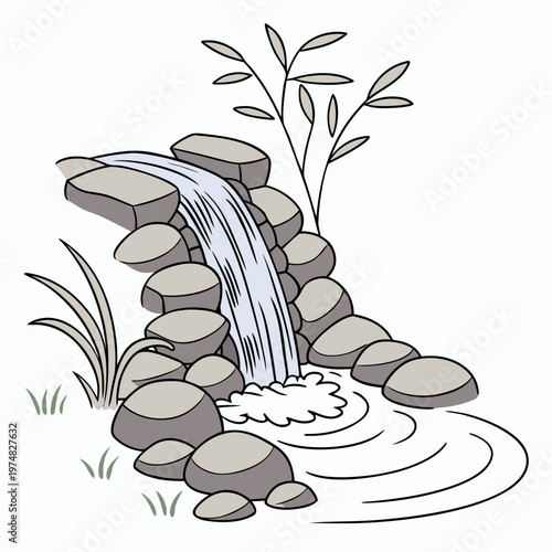 A charming simplified illustration depicts a small rocky waterfall cascading into a pool surrounded by lush greenery and plantlife high quality professional