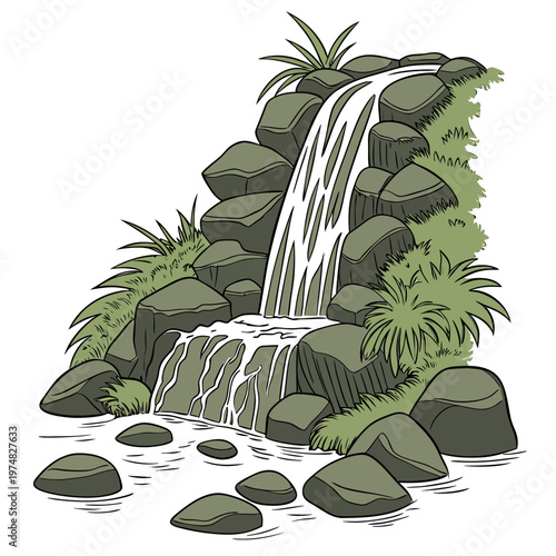A vibrant cartoon illustration depicts a cascading waterfall flowing over dark gray rocks surrounded by lush green foliage high quality professional detailed