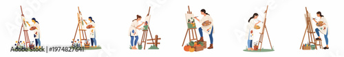 Six flat illustrations of a female artist painting landscapes on canvases with an easel, brushes, and palettes in different outdoor settings.