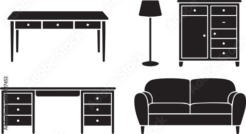 Elegant black furniture set including desk, cabinetry, sofa, and lamp