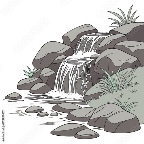 An illustration depicts a small cascading waterfall flowing over dark gray rocks into a pool surrounded by lush green vegetation high quality
