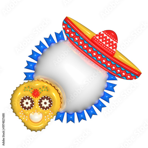 Cinco de Mayo skull decoration with sombrero and festive bunting isolated transparent png