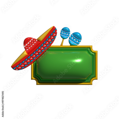 Cinco de Mayo fiesta elements with sombrero maracas and blank banner isolated on transparent background