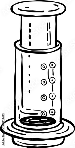 Hand-drawn doodle of an AeroPress coffee maker, a manual immersion coffee brewer with a cylindrical chamber, plunger system, and measurement markings. Compact barista equipment 