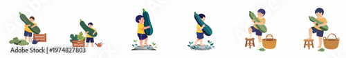 A series of illustrations showing a young boy happily holding and carrying an enormous, giant green zucchini during a successful garden harvest.