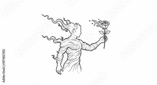 Figure with flowing hair and body holds a dissipating rose