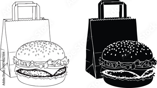 Hand drawn vector illustration of a delicious cheeseburger with lettuce tomato and sesame seed bun isolated on transparent background