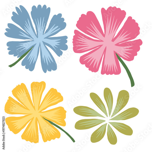 Colorful hand drawn wildflower collection vector illustration. Minimalist stylized floral elements set with vibrant petals