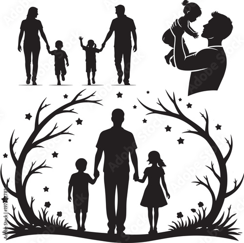 Father and Children Silhouette Set with Family Bonding and Parenting Moments