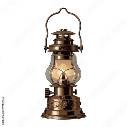 a vintage oil lantern with glowing flame, detailed metal frame, warm colors