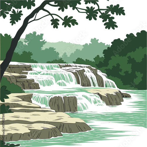 A serene illustration depicts a multi tiered waterfall cascading over rocky formations into a tranquil teal colored river below lush greenery