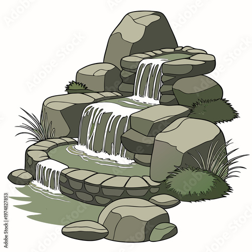 A cartoon illustration depicts a tiered waterfall cascading over large gray stones into a small tranquil pool high quality professional detailed modern